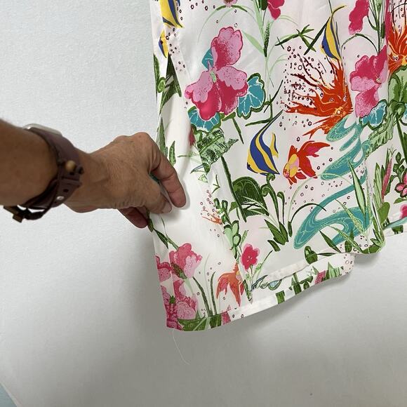 Natori Women's Kaftan Kimono Large Under The Sea Fish Pockets Zip Up Multicolor - Picture 5 of 14